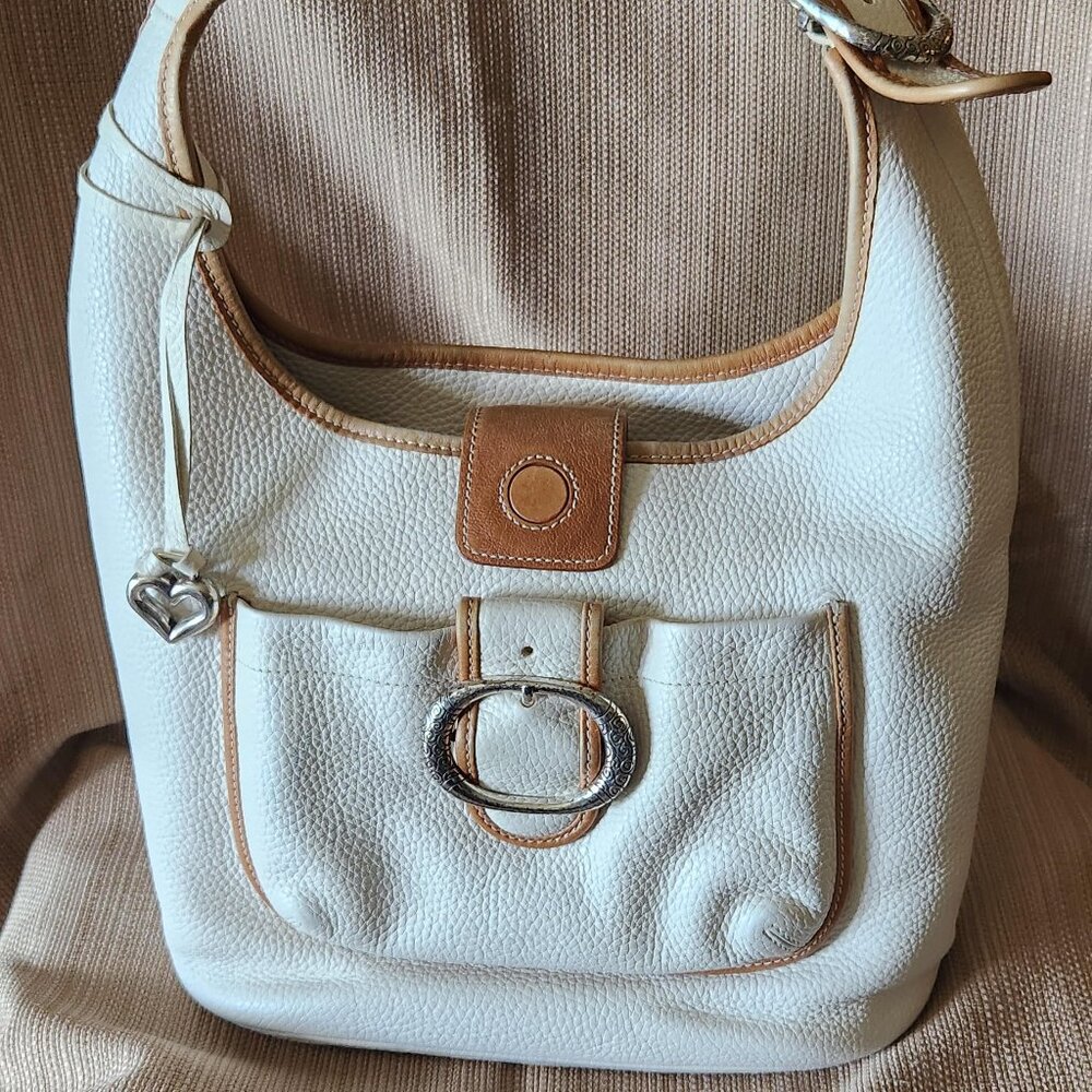 BRIGHTON Ivory Off-White Pebbled Leather Tan Trim Hobo Shoulder Bag